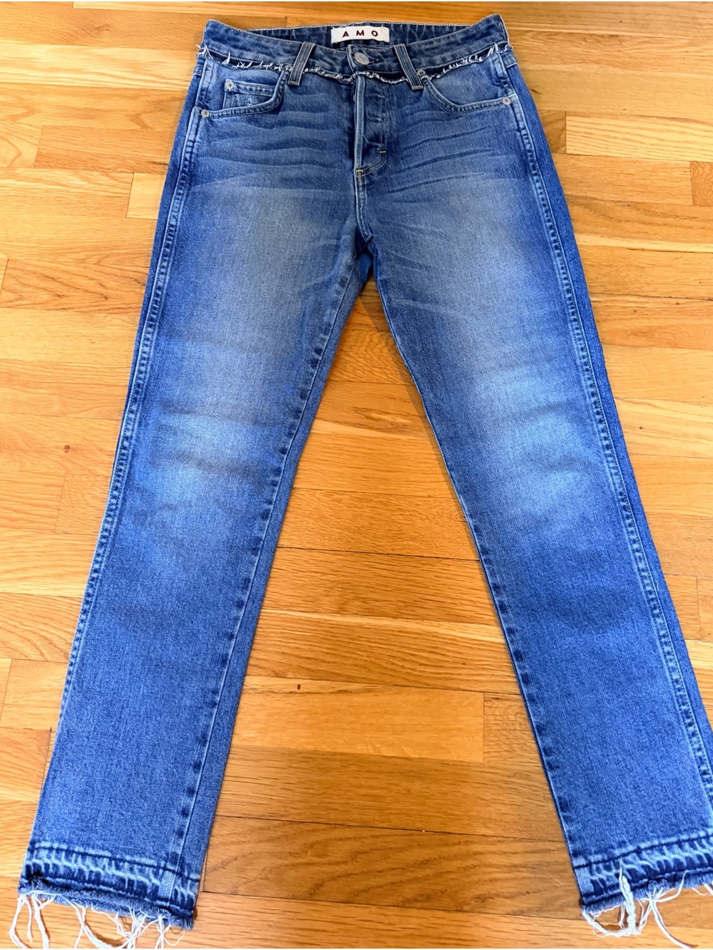 AMO Babe Rio Vista High Rise Slim Straight Jeans 26 Raw Hem Made USA